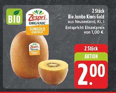 Bio Jumbo Kiwis Gold aus Neuseeland, Kl. I. Entspricht Einzelpreis von 1,00 €.