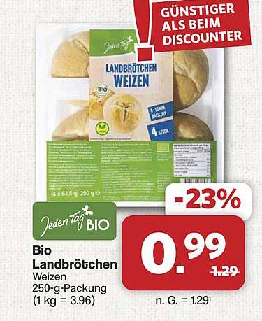 Bio Landbrötchen Weizen 250-g-Packung (1 kg = 3.96)