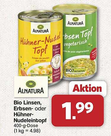 Bio Linsen-, Erbsen- oder Hühner-Nudeltopf