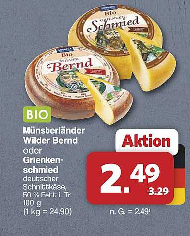 BIO Münsterländer Wilder Bernd oder Grienkensmied deutscher Schnittkäse, 50 % Fett i. Tr. 100 g (1 kg = 24.90)