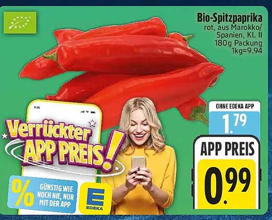 Bio-Spitzpaprika rot, aus Marokko/ Spanien, Kl. II 180g Packung 1kg=9.94