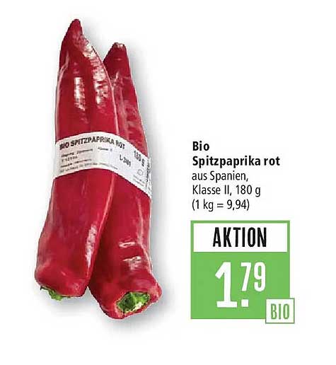 Bio Spitzpaprika rot aus Spanien, Klasse II, 180 g (1 kg = 9,94)
