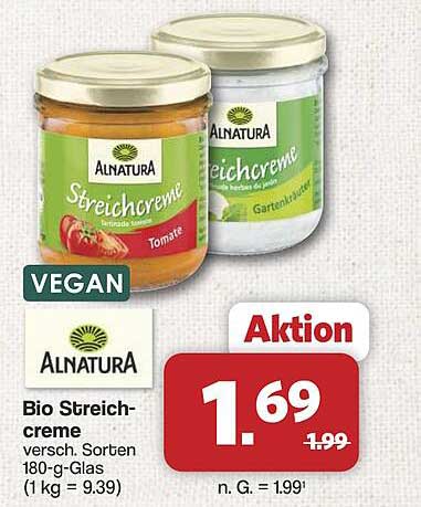 Bio Streichcreme versch. Sorten 180-g-Glas (1 kg = 9.39)