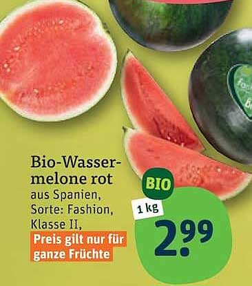 Bio-Wassermelone rot aus Spanien, Sorte: Fashion, Klasse II, Preis gilt nur für ganze Früchte