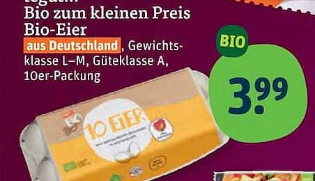 Bio zum kleinen Preis Bio-Eier aus Deutschland, Gewichtsklasse L–M, Güteklasse A, 10er-Packung