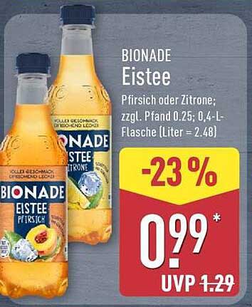BIONADE Eistee Pfirsich oder Zitrone; zzgl. Pfand 0.25; 0.4-L-Flasche (Liter = 2.48)
