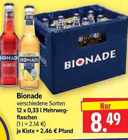Bionade verschiedene Sorten 12 x 0,33 l Mehrwegflaschen (1 l = 2,14 €) je Kiste + 2,46 € Pfand