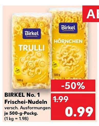 BIRKEL No. 1 Frischei-Nudeln versch. Ausformungen je 500-g-Packg. (1 kg = 1.98)