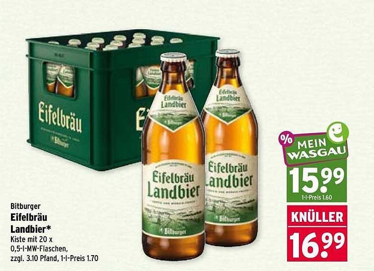 Bitburger Eifelbräu Landbier* Kiste mit 20 x 0,5-l-MW-Flaschen, zzgl. 3.10 Pfand, 1-l-Preis 1.70