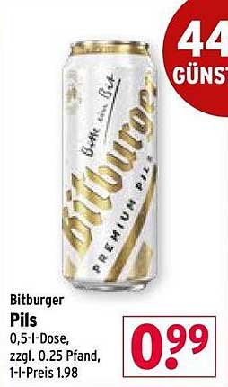 Bitburger Pils 0,5-L-Dose, zzgl. 0.25 Pfand, 1-l-Preis 1.98