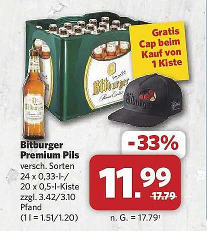 Bitburger Premium Pils versch. Sorten 24 x 0,33-l-/20 x 0,5-l-Kiste zzgl. 3.42/3.10 Pfand (1 l = 1.51/1.20)