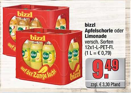 bizzl Apfelschorle oder Limonade versch. Sorten 12x1-L-PET-Fl. (1 L = € 0,79)