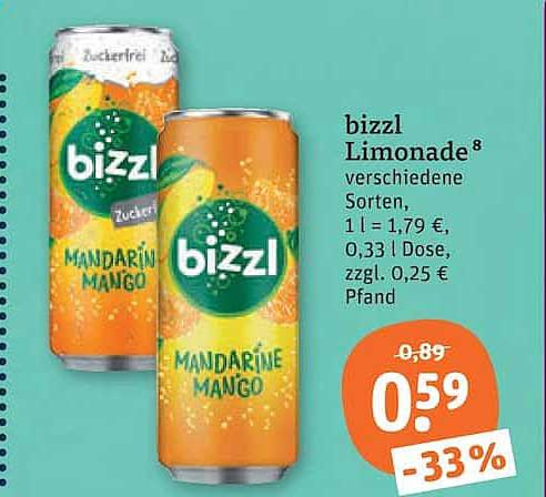 bizzl Limonade⁸ verschiedene Sorten, 1 l = 1,79 €, 0,33 l Dose, zzgl. 0,25 € Pfand