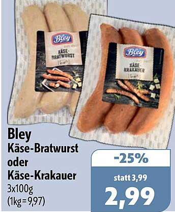 Bley Käse-Bratwurst oder Käse-Krakauer 3x100g (1kg = 9,97)