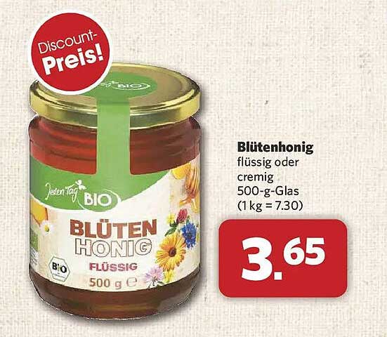 Blütenhonig flüssig oder cremig 500-g-Glas (1 kg = 7.30)