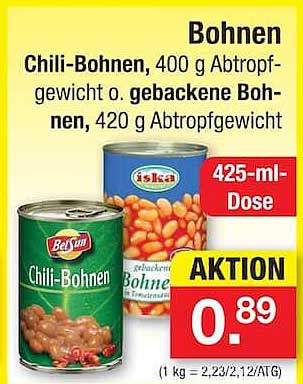 Bohnen Chili-Bohnen, 400 g Abtropfgewicht o. gebackene Bohnen, 420 g Abtropfgewicht
