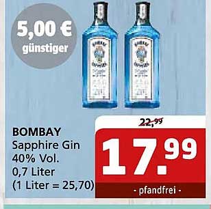 BOMBAY Sapphire Gin 40% Vol. 0,7 Liter (1 Liter = 25,70)