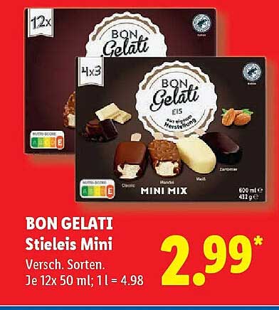 BON GELATI Stieleis Mini Versch. Sorten. Je 12x 50 ml; 1 l = 4.98