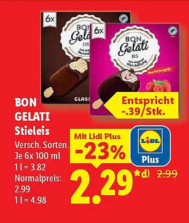 BON GELATI Stieleis Versch. Sorten. Je 6 x 100 ml
