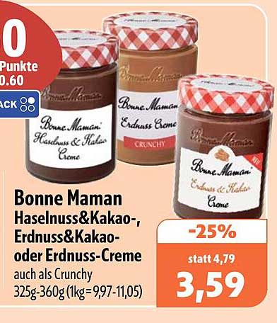 Bonne Maman Haselnuss&Kakao-, Erdnuss&Kakao- oder Erdnuss-Creme auch als Crunchy 325g-360g (1kg=9,97-11,05)