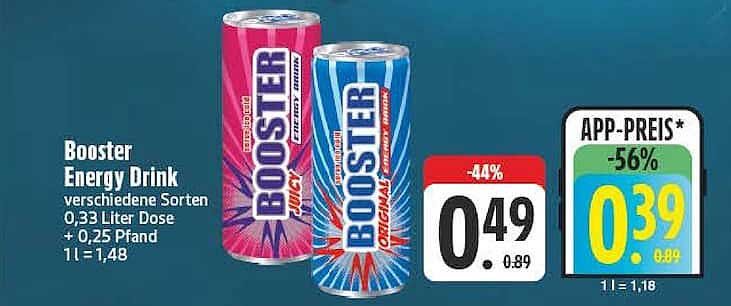 Booster Energy Drink verschiedene Sorten 0,33 Liter Dose + 0,25 Pfand 1 l = 1,48