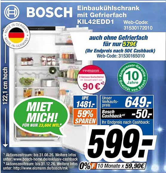 Bosch Einbaukühlschrank mit Gefrierfach KIL42EDD1
