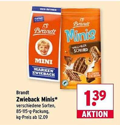 Brandt Zwieback Minis* verschiedene Sorten, 85-115-g-Packung, kg-Preis ab 12.09