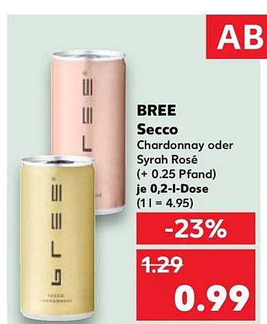 BREE Secco Chardonnay oder Syrah Rosé (+ 0.25 Pfand) je 0,2-l-Dose (1 l = 4.95)