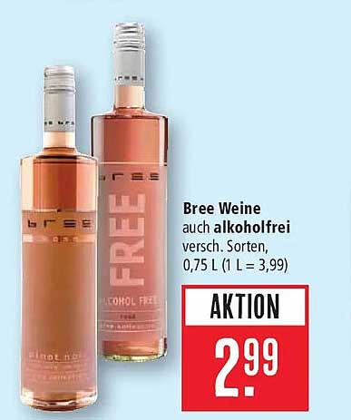 Bree Weine auch alkoholfrei versch. Sorten, 0,75 l (1 l = 3,99)