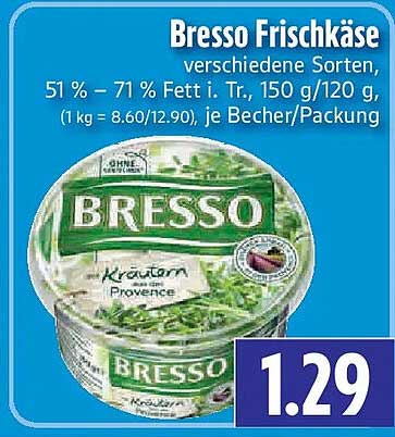 Bresso Frischkäse verschiedene Sorten, 51 % – 71 % Fett i. Tr., 150 g/120 g, je Becher/Packung