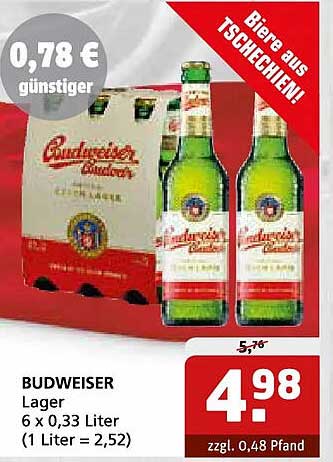 BUDWEISER Lager 6 x 0,33 Liter (1 Liter = 2,52)
