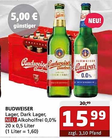 BUDWEISER Lager, Dark Lager, NEU: Alkoholfrei 0,0% 20 x 0,5 Liter (1 Liter = 1,60)