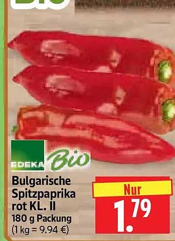Bulgarische Spitzpaprika rot KL. II 180 g Packung (1 kg = 9,94 €)