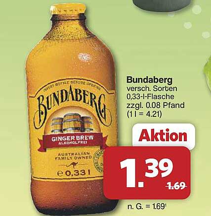 Bundaberg versch. Sorten 0,33-l-Flasche zzgl. 0.08 Pfand (1 l = 4.21)