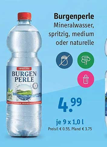 Burgenperle Mineralwasser, spritzig, medium oder naturelle