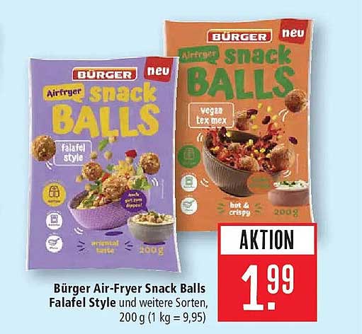 Bürger Air-Fryer Snack Balls Falafel Style und weitere Sorten, 200 g (1 kg = 9,95)