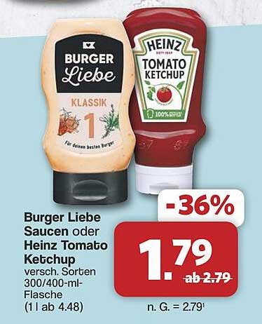Burger Liebe Saucen oder Heinz Tomato Ketchup versch. Sorten 300/400-ml-Flasche
