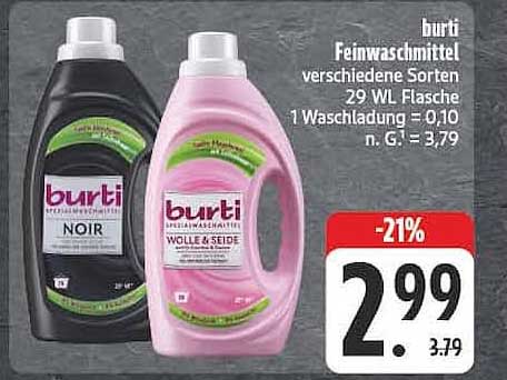 burti Feinwaschmittel verschiedene Sorten 29 WL Flasche 1 Waschladung = 0,10 n. G. = 3,79