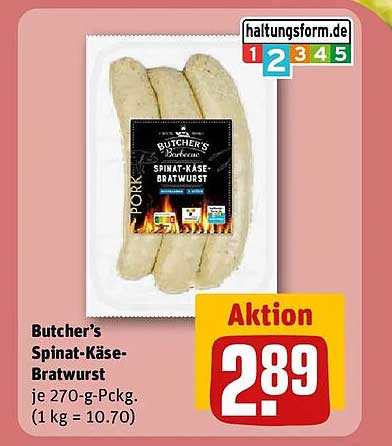 Butcher's Spinat-Käse-Bratwurst je 270-g-Packg. (1 kg = 10.70)