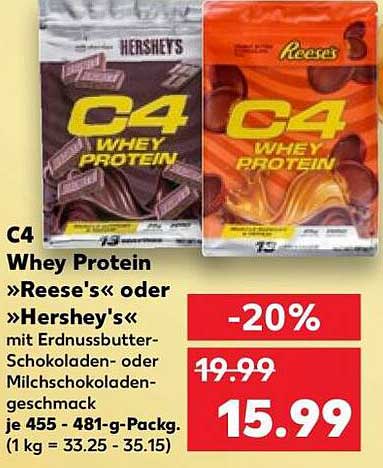 C4 Whey Protein »Reese's« oder »Hershey's« mit Erdnussbutter-Schokoladen- oder Milchschokoladen-geschmack je 455 - 481-g-Packg. (1 kg = 33.25 - 35.15)