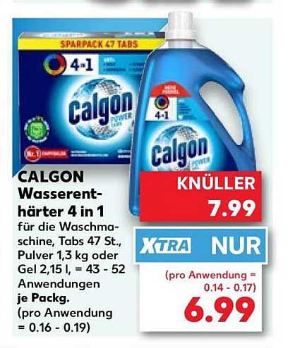 CALGON Wasserenthärter 4 in 1 für die Waschmaschine, Tabs 47 St., Pulver 1,3 kg oder Gel 2,15 l, = 43 - 52 Anwendungen je Packg.
