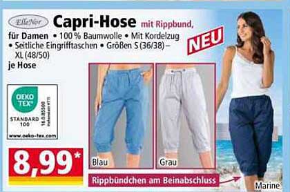 Capri-Hose mit Rippbund, für Damen · 100 % Baumwolle · Mit Kordelzug · Seitliche Eingrifftaschen · Größen S (36/38) – XL (48/50) · je Hose
