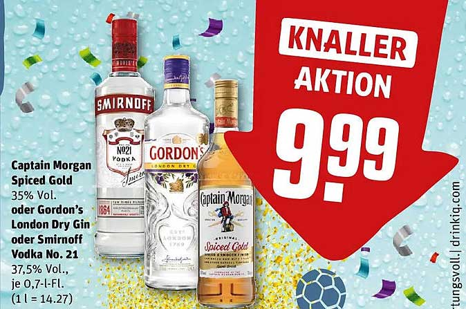 Captain Morgan Spiced Gold 35% Vol. oder Gordon’s London Dry Gin oder Smirnoff Vodka No. 21 37,5% Vol., je 0,7-l-Fl.