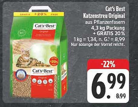 Cat’s Best Katzenstreu Original aus Pflanzenfasern 4,3 kg Packung + GRATIS 20%