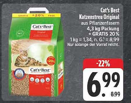 Cat’s Best Katzenstreu Original aus Pflanzenfasern 4,3 kg Packung + GRATIS 20%