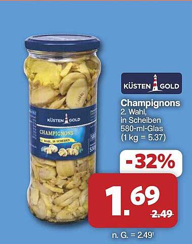 Champignons 2. Wahl, in Scheiben 580-ml-Glas (1 kg = 5.37)