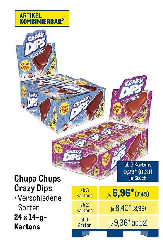 Chupa Chups Crazy Dips Verschiedene Sorten 24 x 14-g-Kartons
