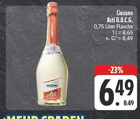 Cinzano Asti D.O.C.G. 0,75 Liter Flasche 1 l = 8,65 n. G' = 8,49