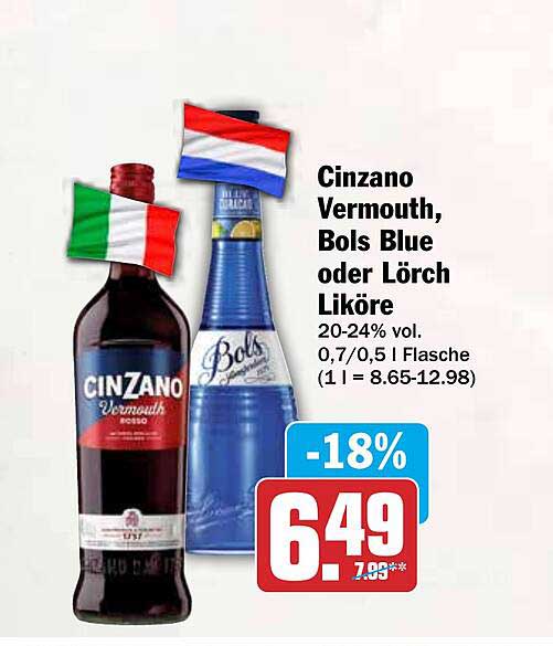 Cinzano Vermouth, Bols Blue oder Lörrch Liköre