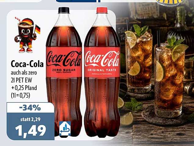 Coca-Cola auch als zero 2l PET EW +0,25 Pfand (1l=0,75)